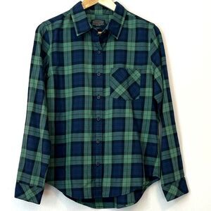 Pendleton 100% Cotton Plaid Button Down Shirt Preppy Blue Green Medium Petite